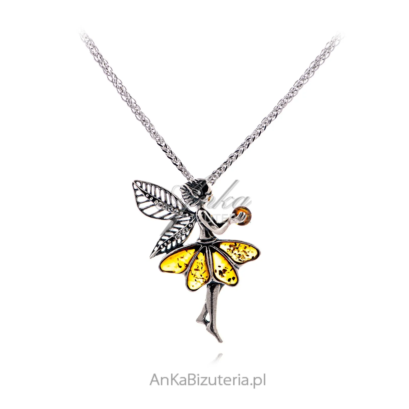 Zawieszka srebrna elf z  bursztynem