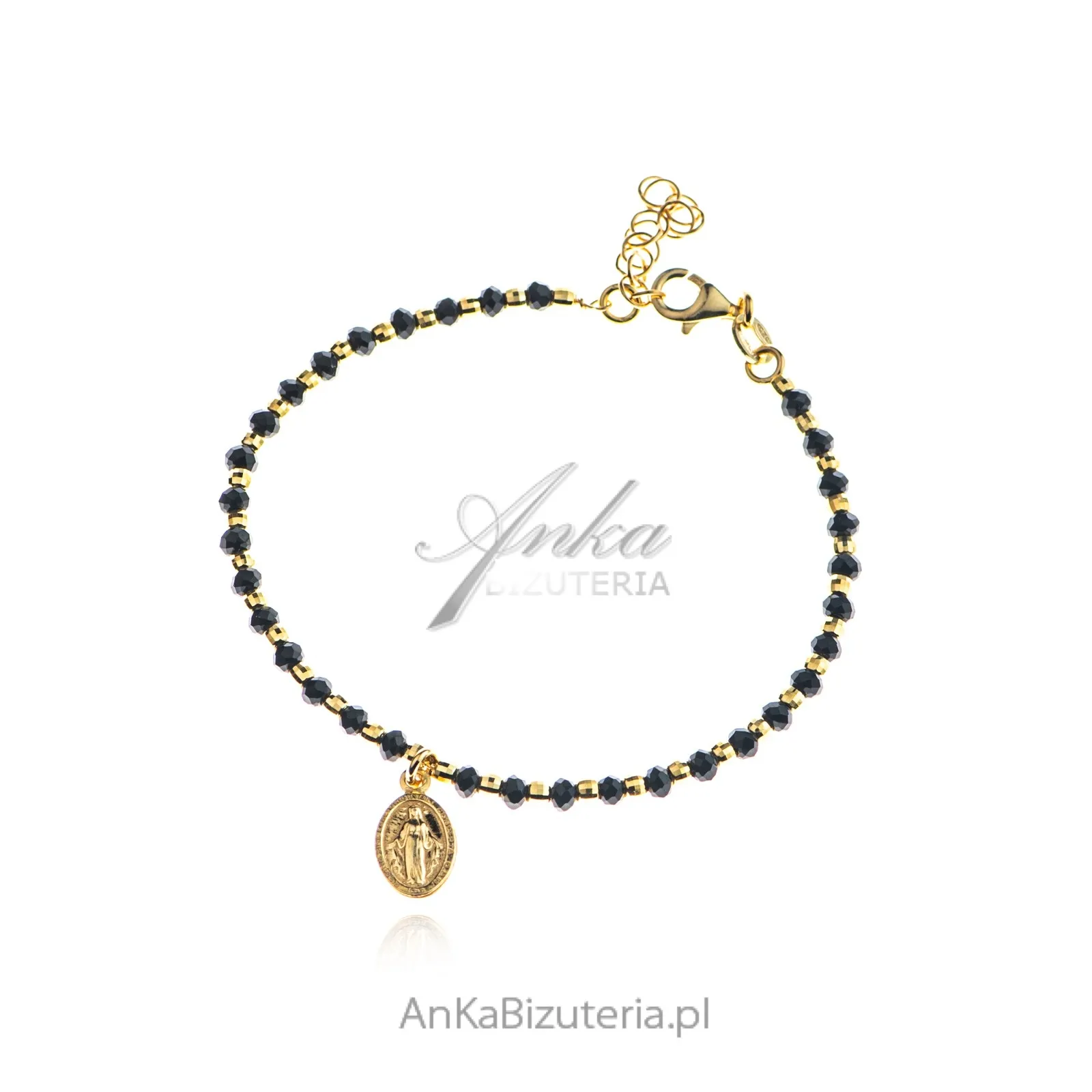 Bransoletka srebrna pozłacana z czarnymi onyksami