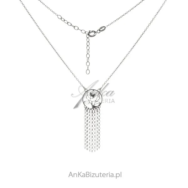 Naszyjnik srebrny różą z wiszącymi łańcuszkami