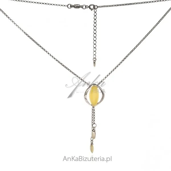 Srebrny naszyjnik z biało-żółtym bursztynem bałtyckim