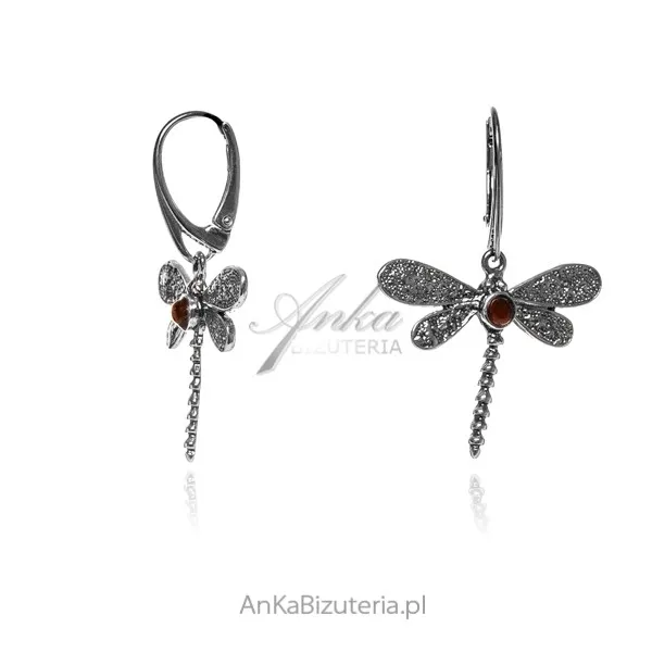 Śliczne kolczyki srebrne z bursztynem ważki