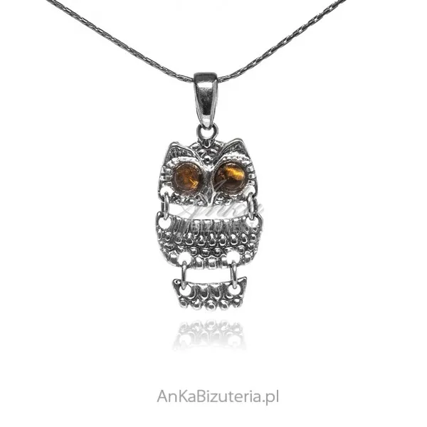 Zawieszka srebrna z bursztynem oksydowana sowa