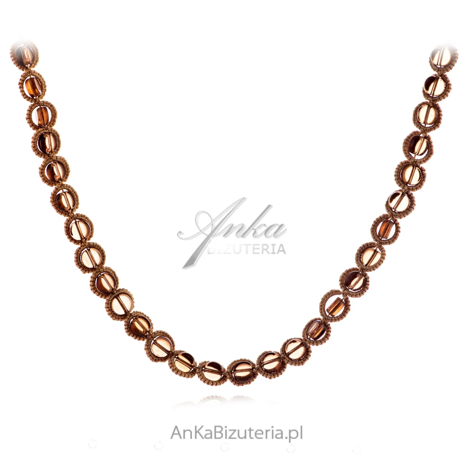 Naszyjnik  hand made frywolitka z brązowymi kamieniami