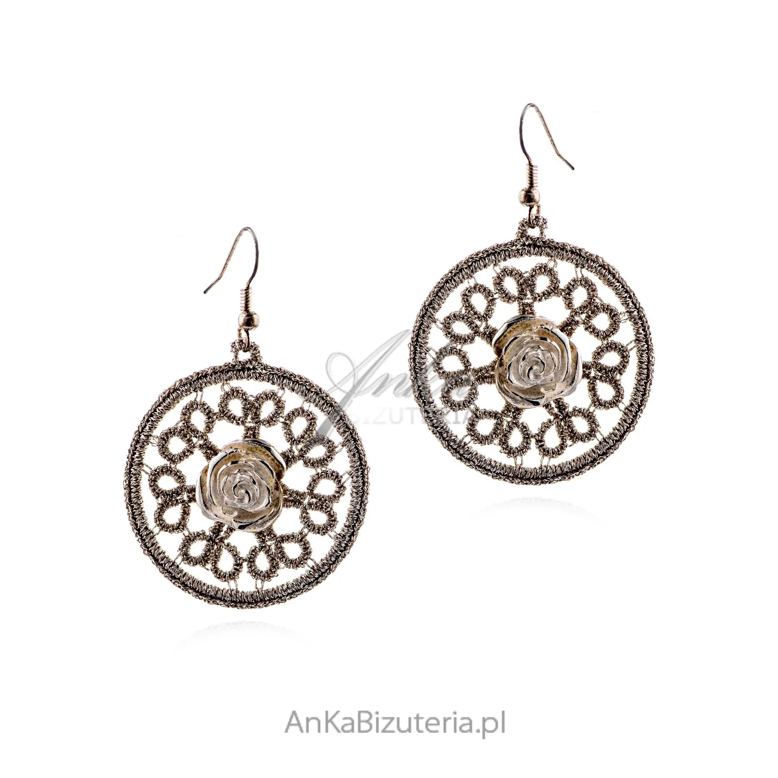 Kolczyki frywolitka handmade z białą różą