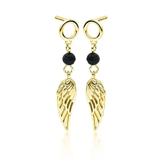 Kolczyki srebrne pozłacane z czarnym onyksem piórka