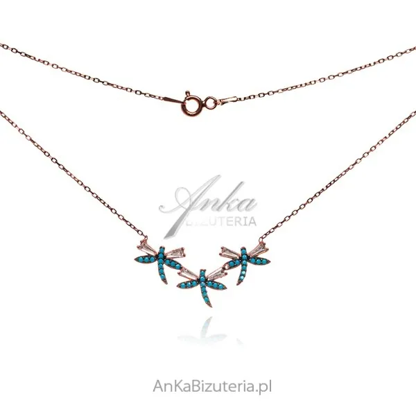 Naszyjnik srebrny pozłacany różowym złotem ważki z turkusami i kryształami swarovski