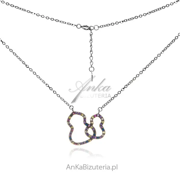 Srebrny naszyjnik z kolorowymi cyrkoniami "dwa miśki"