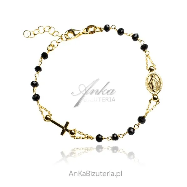 Bransoletka różaniec  srebrny pozłacany z czarnymi onyksami