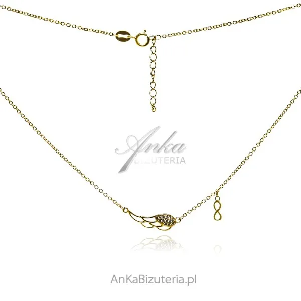 Naszyjnik srebrny pozłacany skrzydło anioła z nieskończonością  z cyrkoniamii