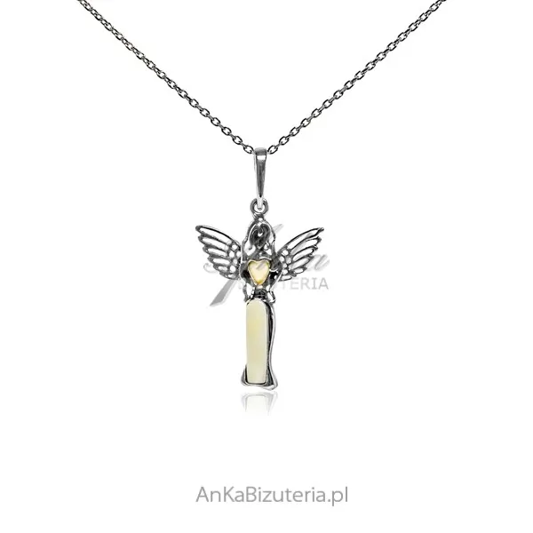 Zawieszka srebrna z bursztynem anielica z żółtym bursztynem