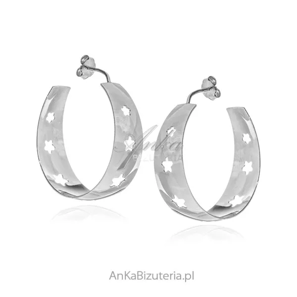 Kolczyki srebrne  szerokie kółka z gwiazdkami