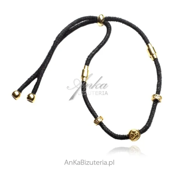 Bransoletka srebrna pozłacana z cyrkoniami  i  medalionem na czarnym sznureczku