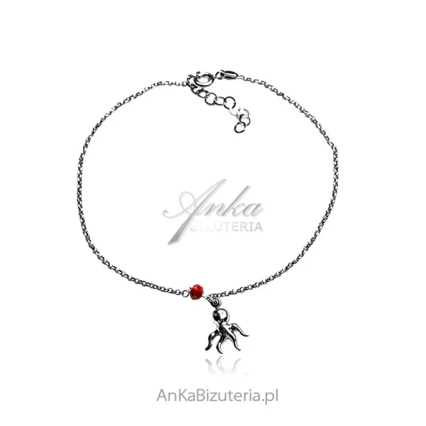Bransoletka srebrna na nogę  z czerwonym koralem - ośmiorniczka