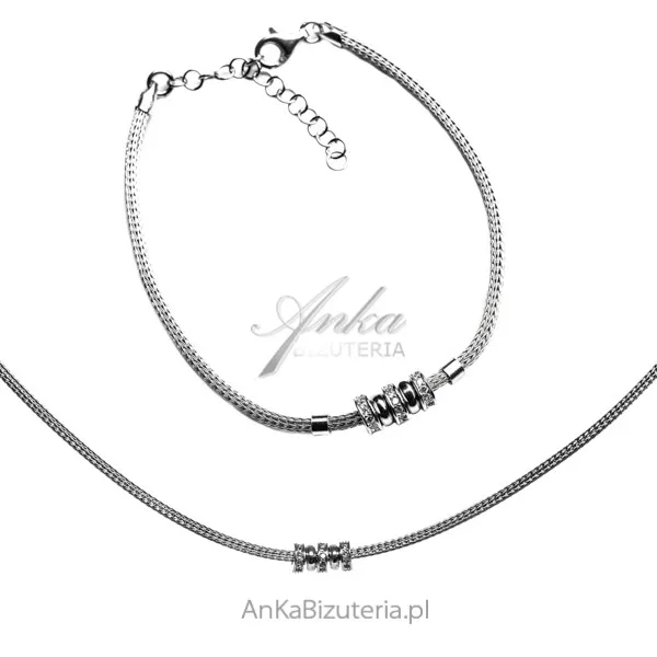 Komplet biżuteria srebrna calza z kółeczkami i cyrkoniami