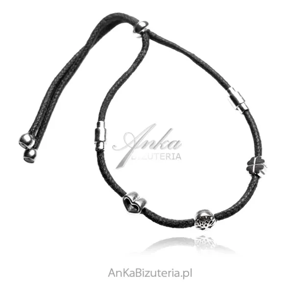 Bransoletka srebrna  na szczęście koniczynka , drzewko szczęścia, serduszko, na czarnym sznurku