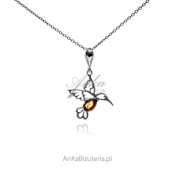 Zawieszka srebrna koliberek   z bursztynem