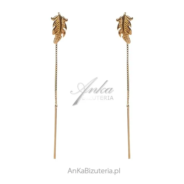 Kolczyki srebrne przeciągane  pozłacane piórka