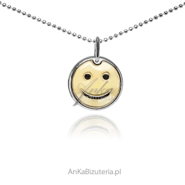 Zawieszka srebrna z żółtym  bursztynem  emotka - uśmiech