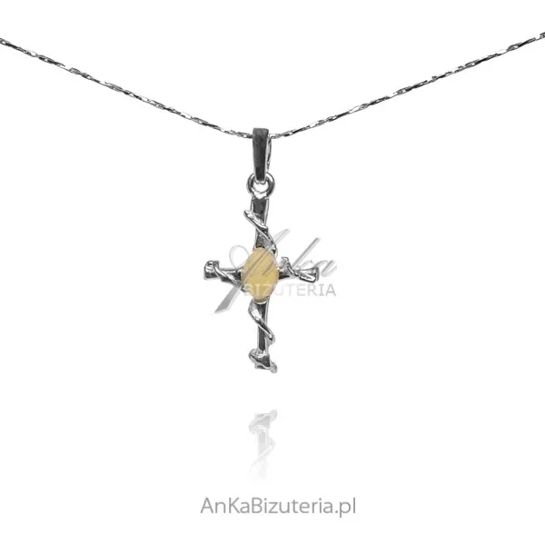 Krzyżyk srebrny z żółtym bursztynem