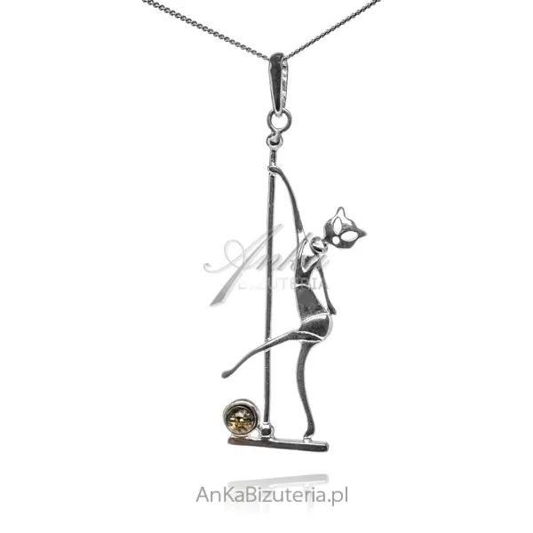 Zawieszka srebrna z zielonym bursztynem kot pole dance