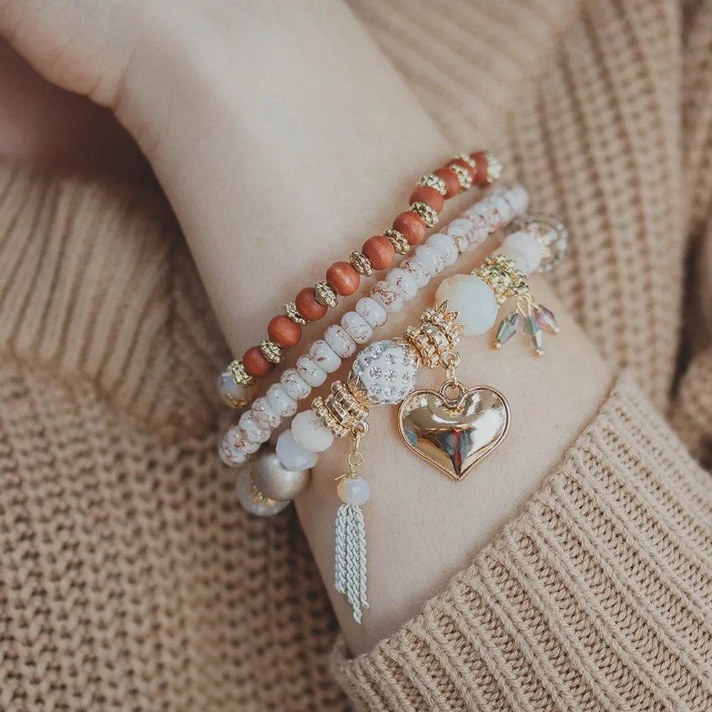 ZESTAW BRANSOLETEK koraliki chwost SERCE beżowa