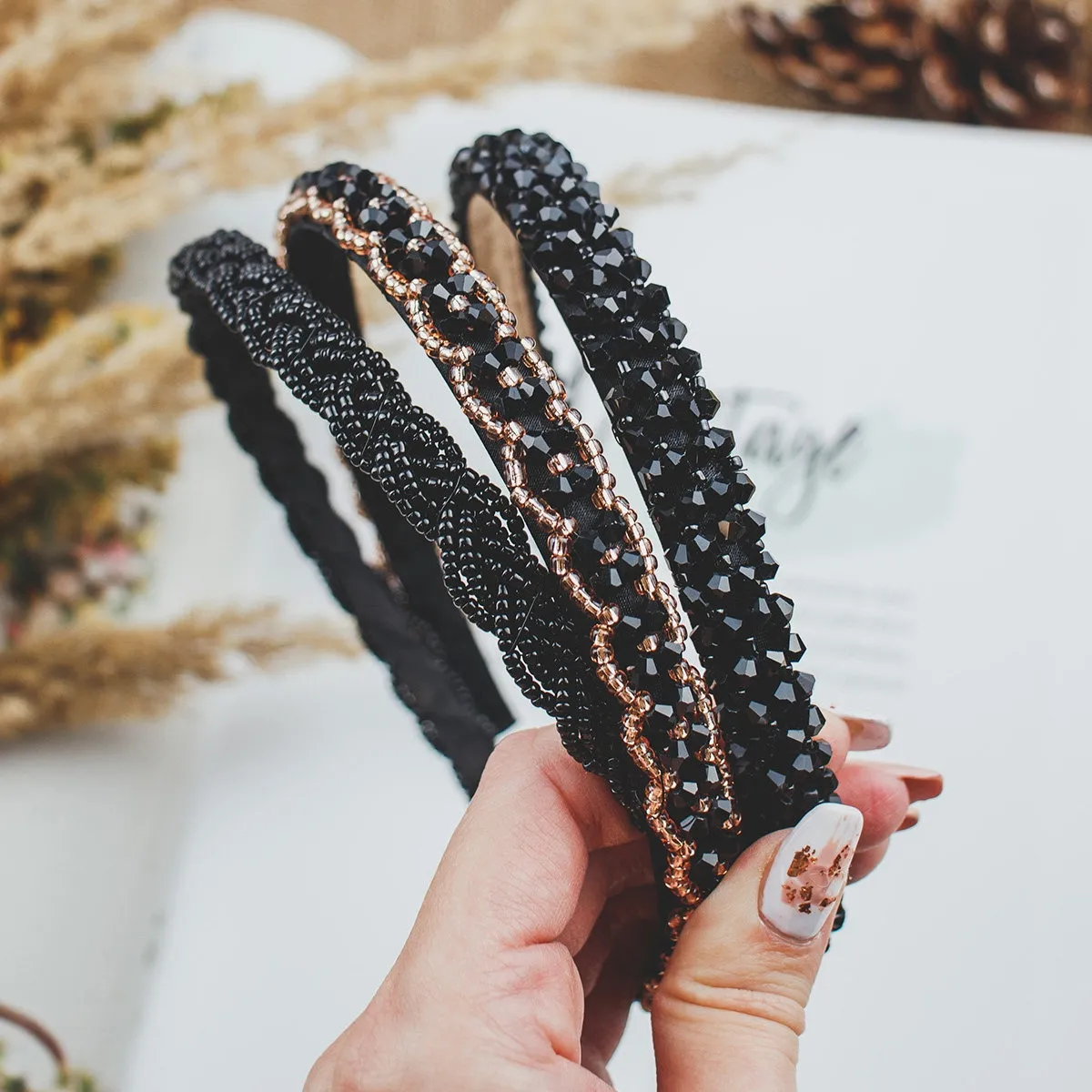 OPASKA DO WŁOSÓW czarna KORALIKI warkocz WĄSKA elegancka