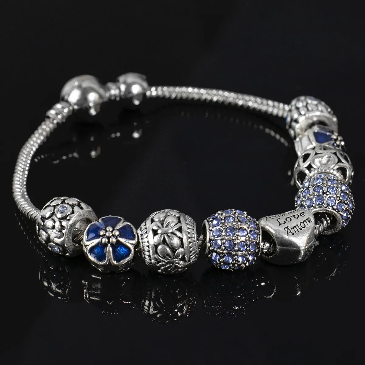 Bransoletka damska SREBRNA modułowa blue  CHARMS