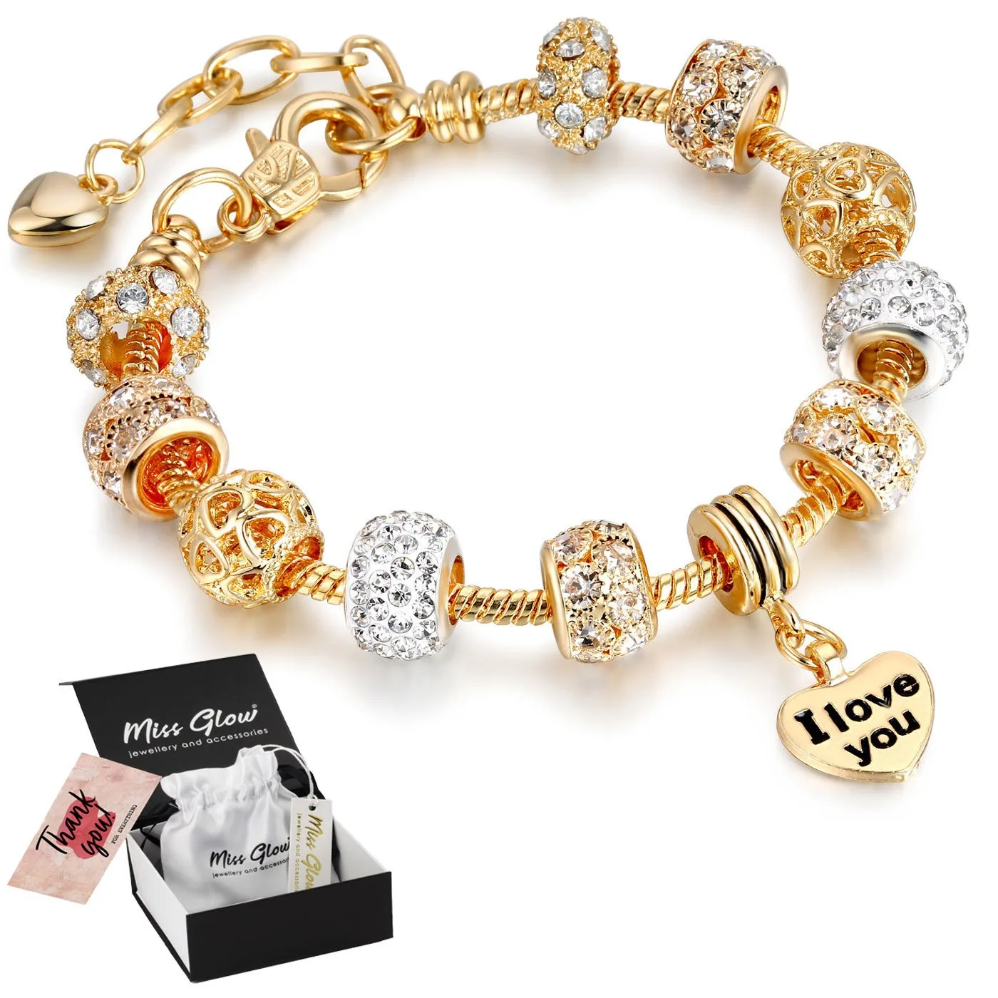BRANSOLETKA damska CHARMS złota napis: I love you