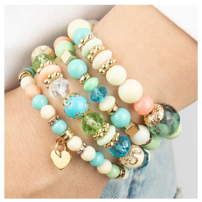 BRANSOLETKI damskie koraliki serce ZESTAW 4 sztuki