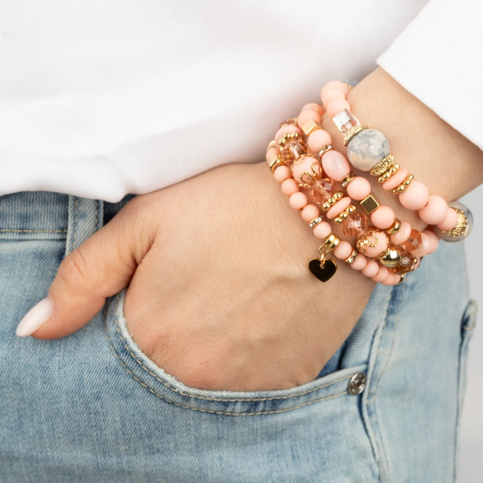BRANSOLETKI damskie koraliki serce ZESTAW 4 sztuki