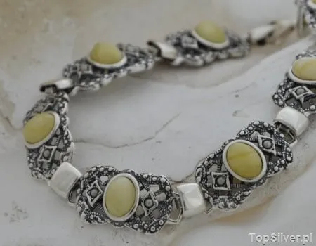 BAROCCO - srebrna bransoletka z bursztynem i perłami