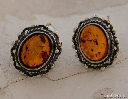 COGNAC - srebrne kolczyki z bursztynem