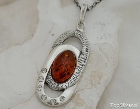 JUNAYA - srebrny wisiorek z bursztynem i kryształkami