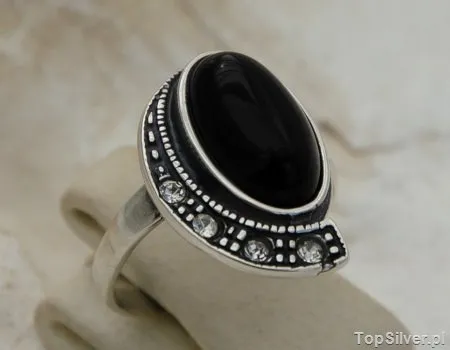 CUBA - srebrny pierścionek z onyksem i kryształami