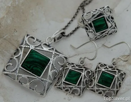 SIMPLE - srebrny komplet z malachitem