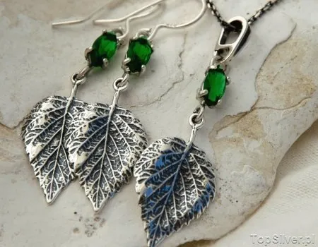 LISTKI BRZOZY - srebrny komplet ze szmaragdem