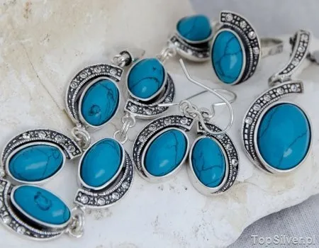 TEMPOLI - srebrny komplet z turkusem i kryształami