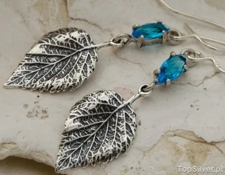 LISTEK BRZOZY - srebrne kolczyki z akwamarynem