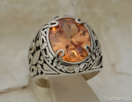 LEON - srebrny pierscień, sygnet z topazem złocistym