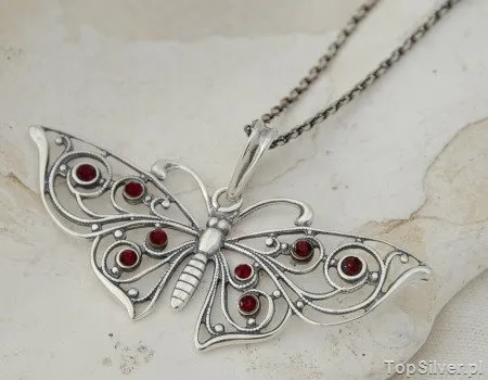 MOTYL - srebrny secesyjny wisior z granatami