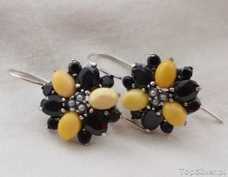 AMATA - srebrne kolczyki perły, onyksy i bursztyny