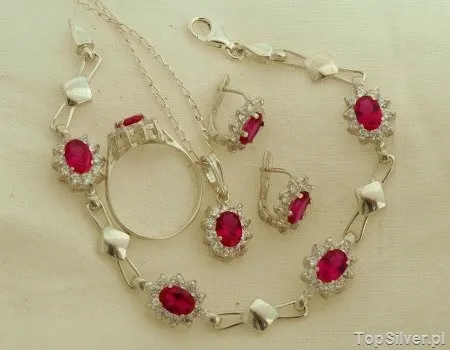MANHATTAN - srebrny komplet z rubinami i cyrkonie
