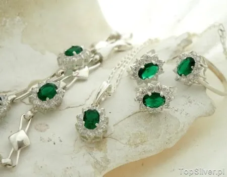 TOKYO - srebrny komplet ze szmaragdem i cyrkoniami