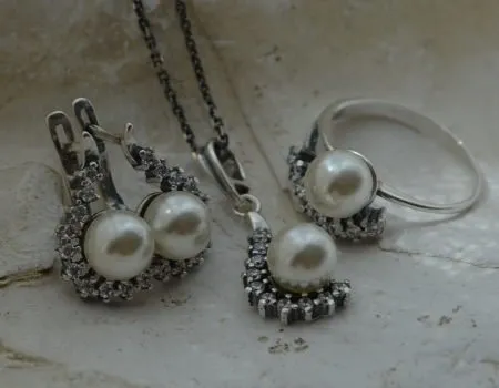 OKTAWIA - srebrny komplet z perłami i cyrkoniami
