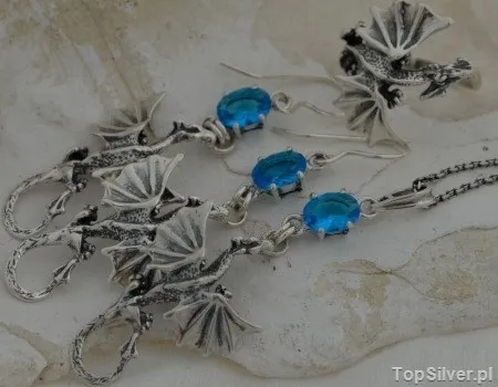 DRAGON - srebrny komplet smoki z akwamarynem