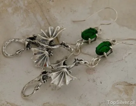 DRAGON - srebrne kolczyki smoki ze szmaragdem