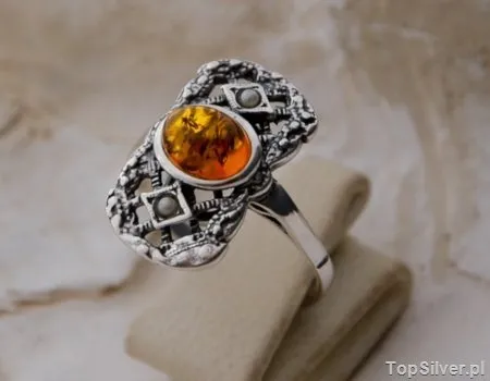 IRIS - srebrny pierścionek z bursztynem i perłami