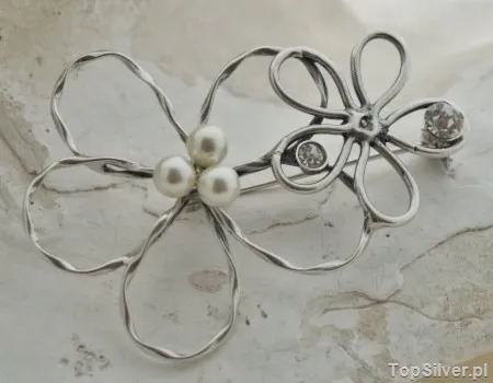 DWA KWIATY - srebrna broszka perły i kryształy