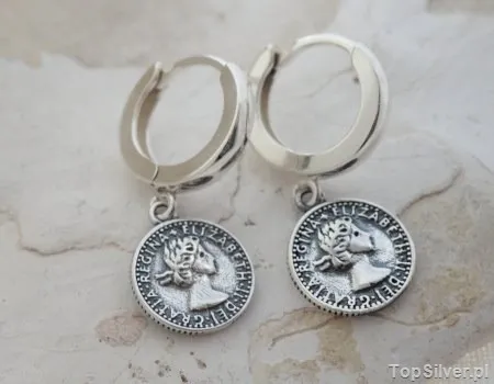LONDYN - srebrne kolczyki moneta na angielskim zap