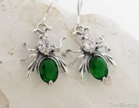OWADOWO - srebrne kolczyki muchy ze szmaragdem